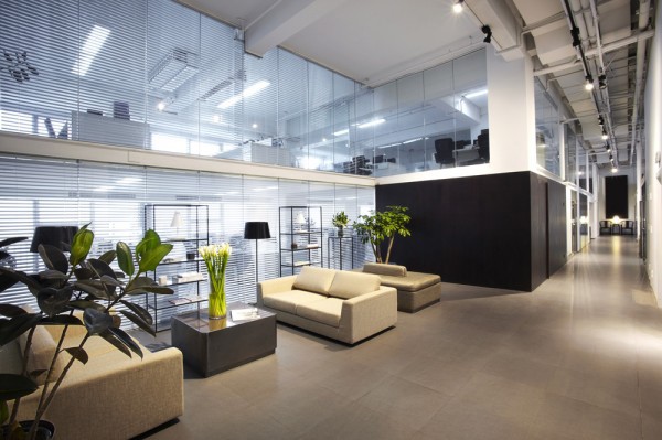 Large office space with sofas.
