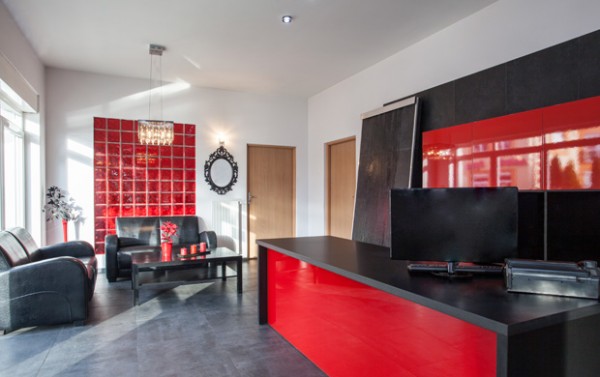 Office interior with a black and red colour scheme.