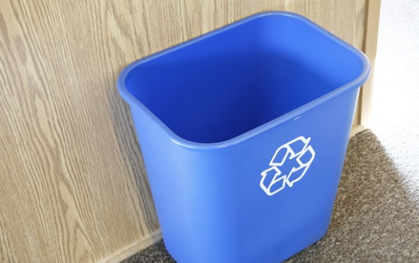 Blue plastic recycling bin.